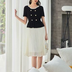 Elegant Black and Cream Pleated Midi Dress with Crystal & Pearl Buttons